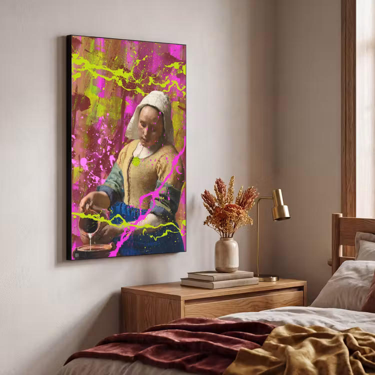 Melkmeisje - Johannes Vermeer - Neon Textielframe zwart klein -sfeer3