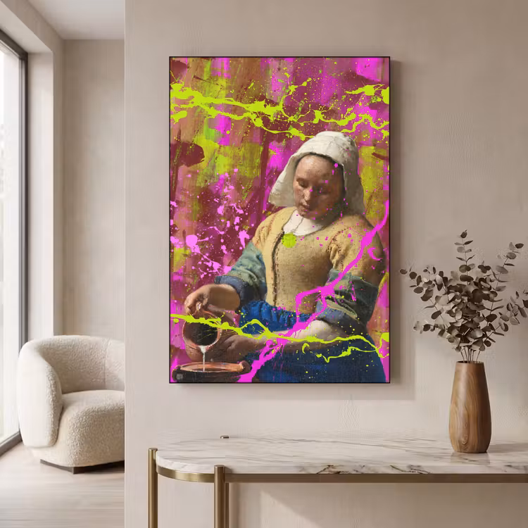 Melkmeisje - Johannes Vermeer - Neon Textielframe zwart klein -sfeer2