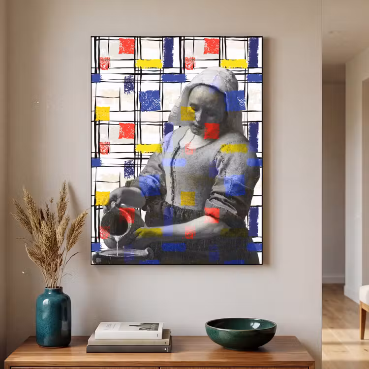 Melkmeisje - Mondriaan - Collage Textielframe zwart klein -sfeer1