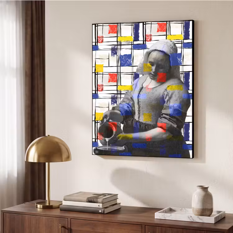 Melkmeisje - Mondriaan - Collage Textielframe zwart klein -sfeer3