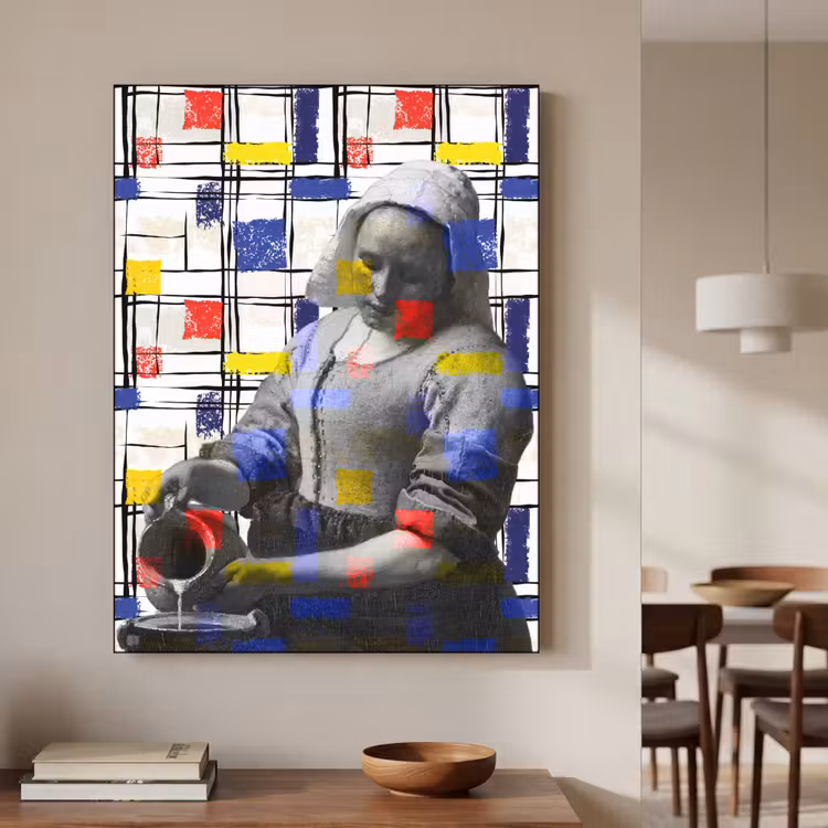 Melkmeisje - Mondriaan - Collage Textielframe zwart klein -sfeer2