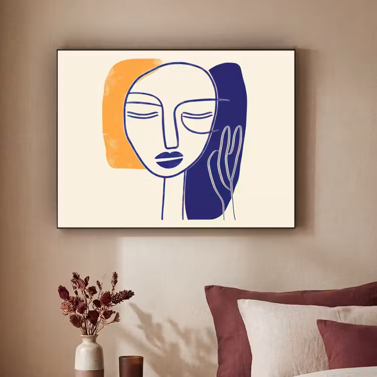 Minimalistisch - Gezicht - Hand - Oranje - Blauw Textielframe zwart klein -sfeer1