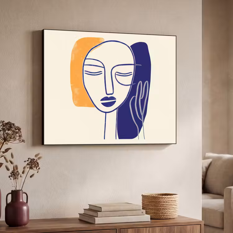 Minimalistisch - Gezicht - Hand - Oranje - Blauw Textielframe - compleet frame klein -sfeer3