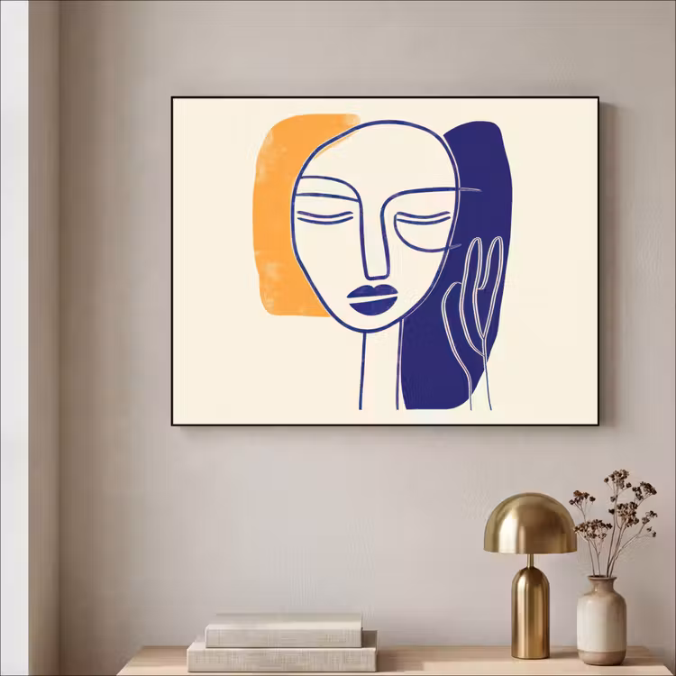 Minimalistisch - Gezicht - Hand - Oranje - Blauw Textielframe zwart klein -sfeer2