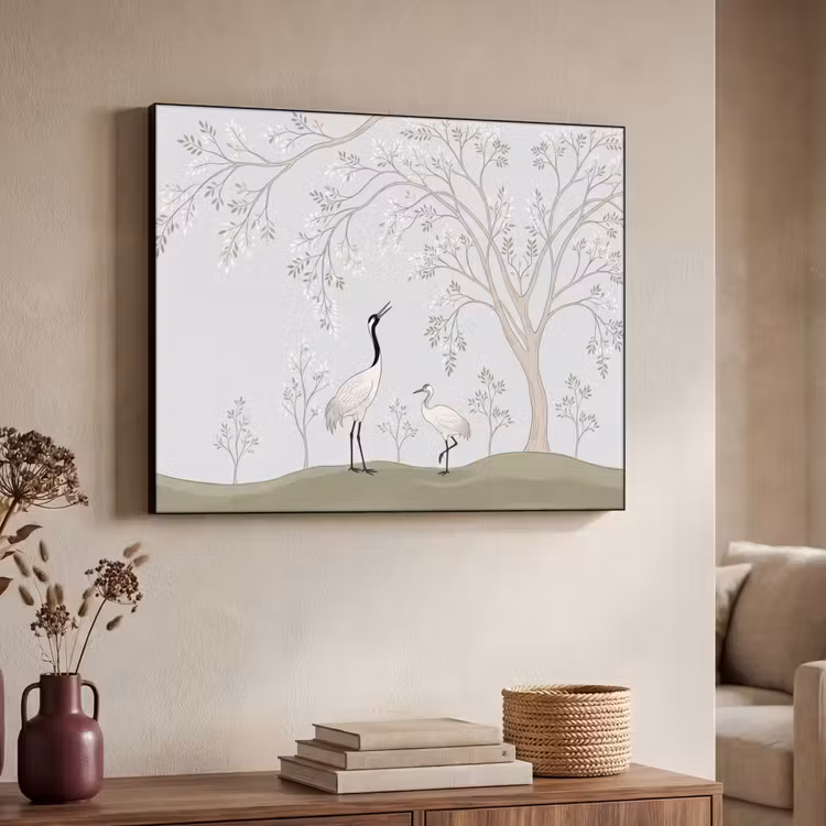 Minimalistisch - Kraanvogels - Blauw Textielframe zwart klein -sfeer3
