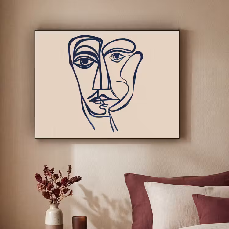Minimalistisch - Lijnillustratie - Beige - Donkerblauw Textielframe zwart klein -sfeer1