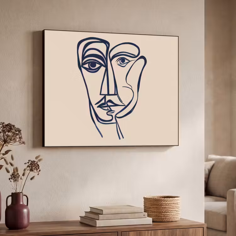Minimalistisch - Lijnillustratie - Beige - Donkerblauw Textielframe - compleet frame klein -sfeer3