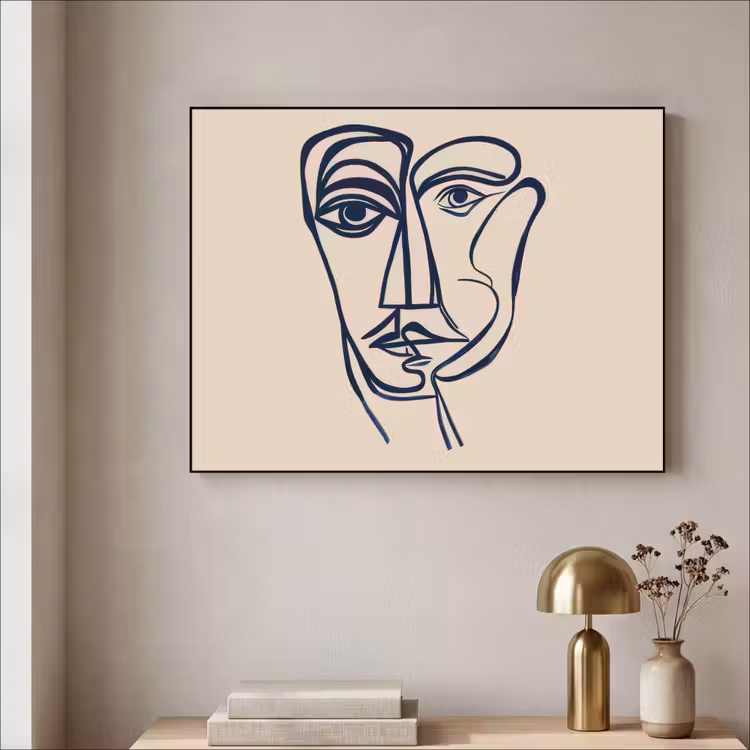 Minimalistisch - Lijnillustratie - Beige - Donkerblauw Textielframe zwart klein -sfeer2