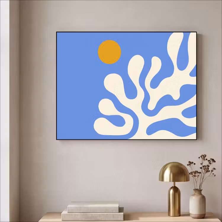 Minimalistisch - Organisch patroon - Blauw Textielframe - compleet frame klein -sfeer2