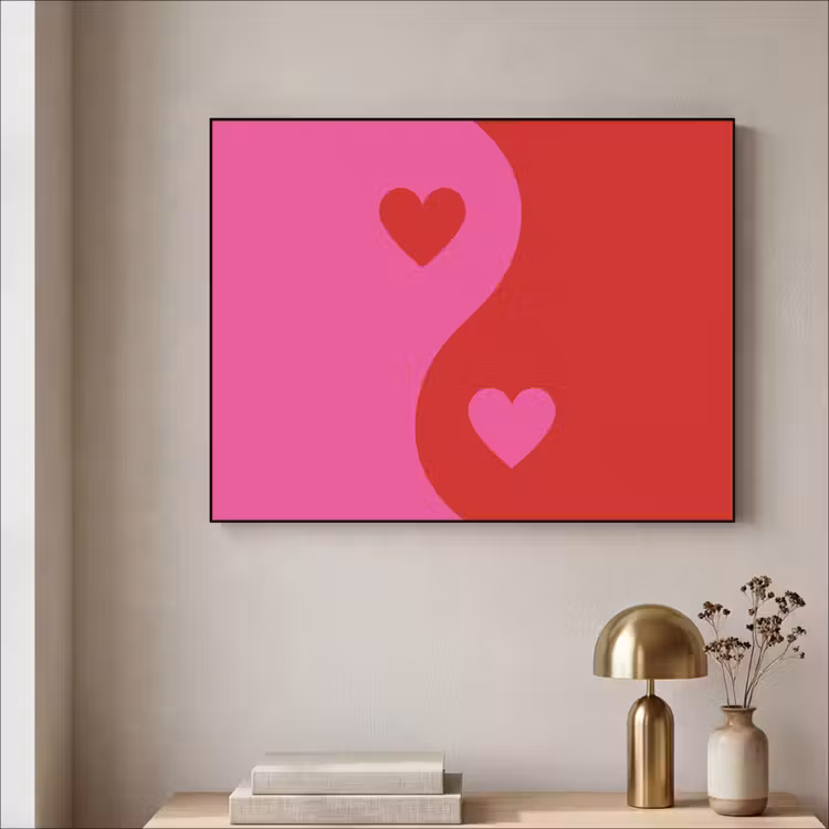 Minimalistisch - Rood - Roze - Hartjes Textielframe zwart klein -sfeer2