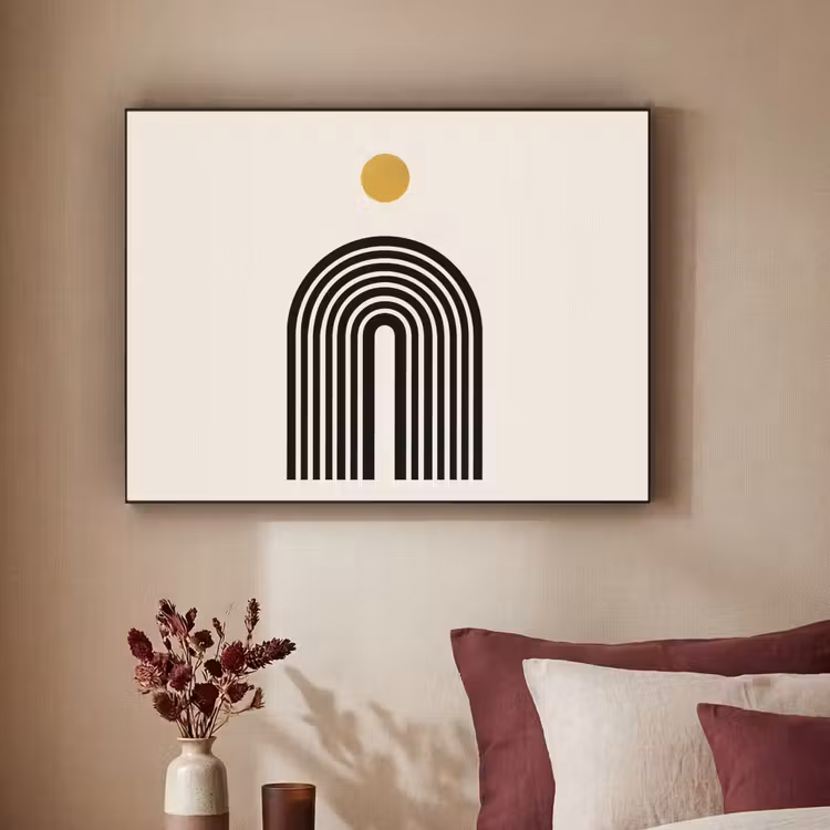 Minimalistisch - Zwarte boog - Gouden cirkel Textielframe zwart klein -sfeer1