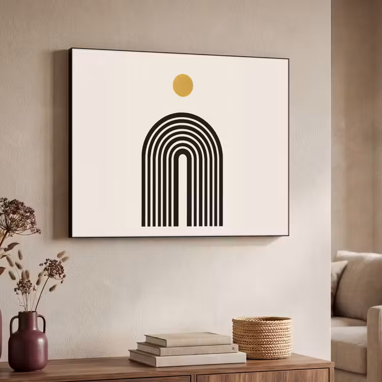 Minimalistisch - Zwarte boog - Gouden cirkel Textielframe zwart klein -sfeer3