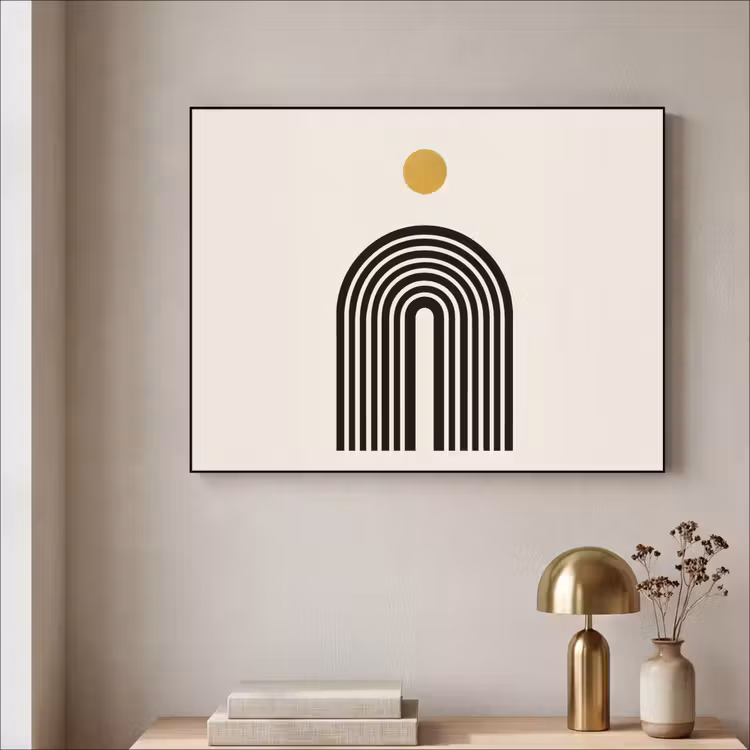 Minimalistisch - Zwarte boog - Gouden cirkel Textielframe zwart klein -sfeer2