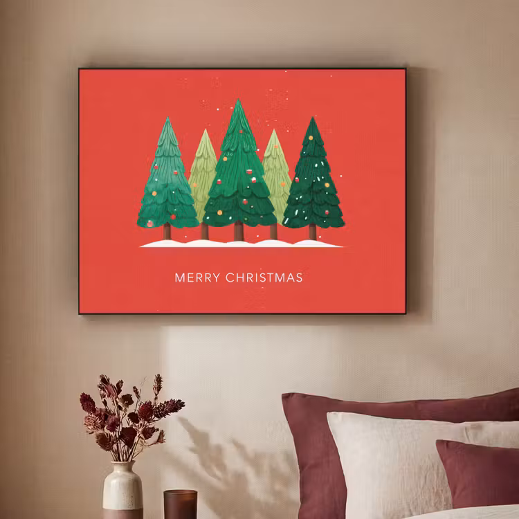 Minimalistisch - Kerstbomen - Rood - Sneeuw Textielframe zwart klein -sfeer1