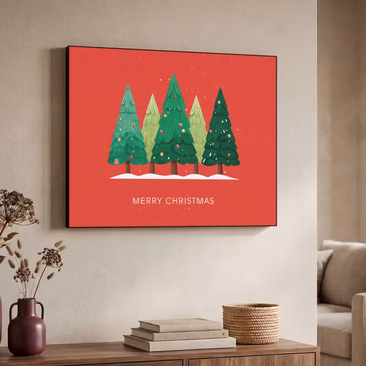 Minimalistisch - Kerstbomen - Rood - Sneeuw Textielframe - compleet frame klein -sfeer3