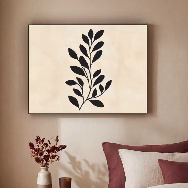 Minimalistisch - Tak - Bladeren - Zwart Textielframe zwart klein -sfeer1