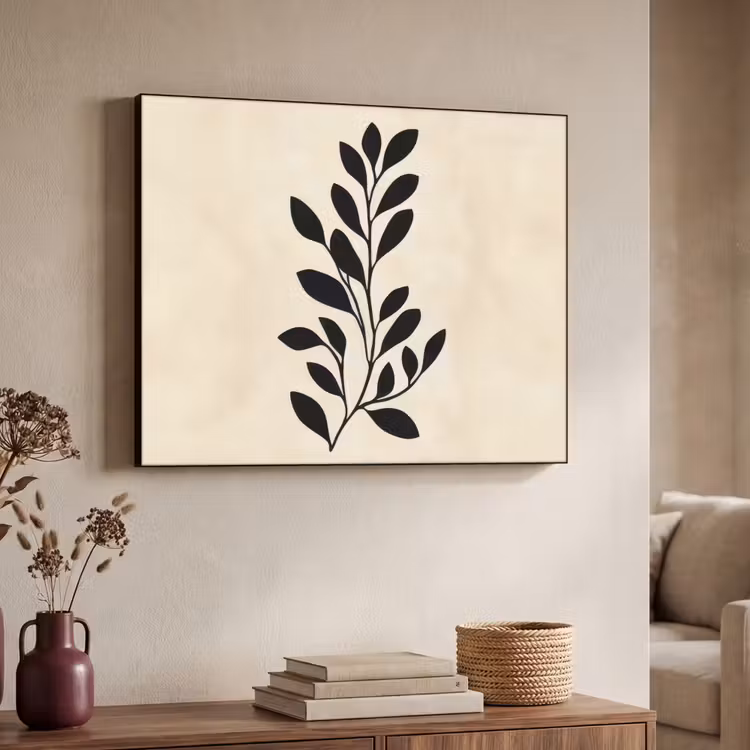 Minimalistisch - Tak - Bladeren - Zwart Textielframe - compleet frame klein -sfeer3