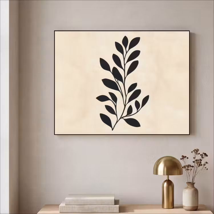 Minimalistisch - Tak - Bladeren - Zwart Textielframe - compleet frame klein -sfeer2