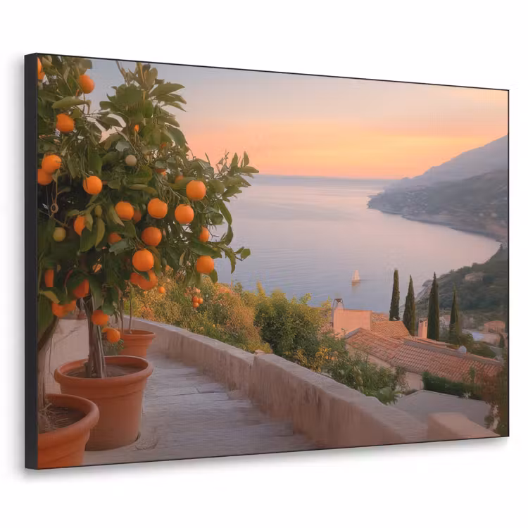 Middelandse zee - Sinaasappel - Heuvels - Zee Textielframe zwart klein -3d