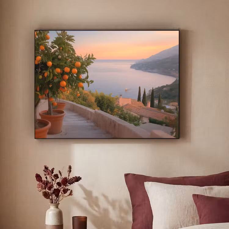 Middelandse zee - Sinaasappel - Heuvels - Zee Textielframe zwart klein -sfeer1
