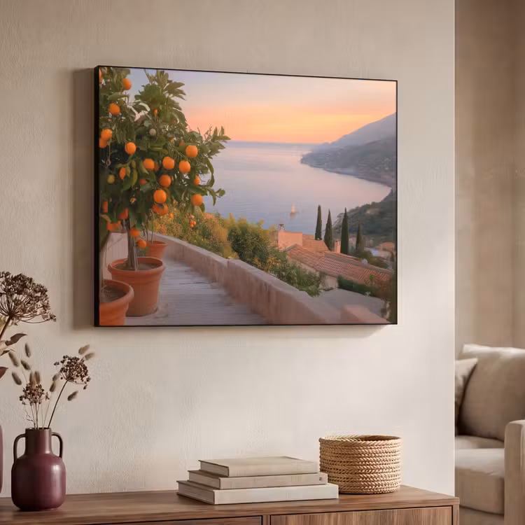 Middelandse zee - Sinaasappel - Heuvels - Zee Textielframe - compleet frame klein -sfeer3