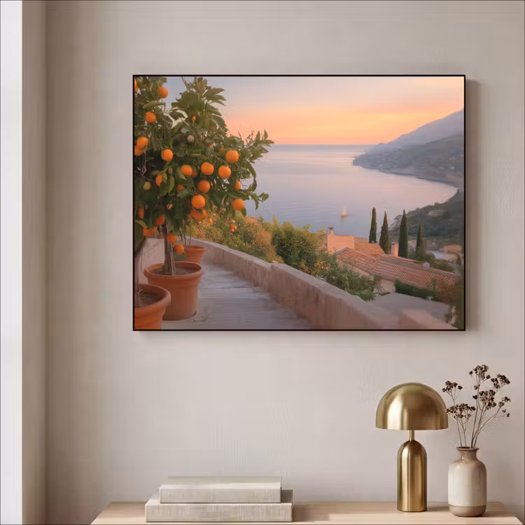 Middelandse zee - Sinaasappel - Heuvels - Zee Textielframe - compleet frame klein -sfeer2