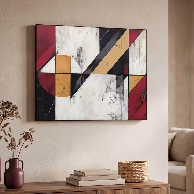 Modern - Abstract - Geometrisch - Rood - Industrieel Textielframe - compleet frame klein -sfeer3