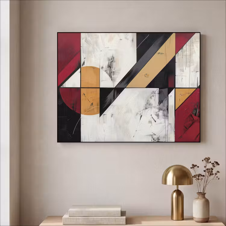 Modern - Abstract - Geometrisch - Rood - Industrieel Textielframe - compleet frame klein -sfeer2