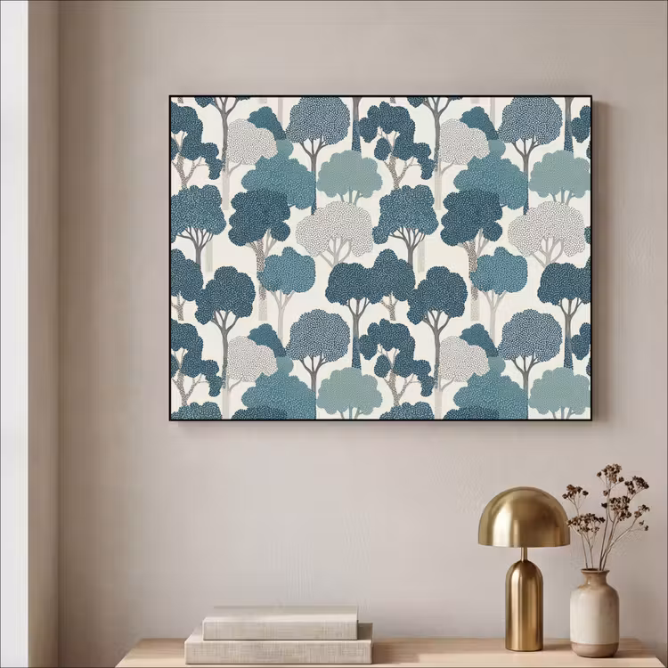 Modern - Bomen - Bos - Patroon - Blauw Textielframe zwart klein 947 -sfeer2