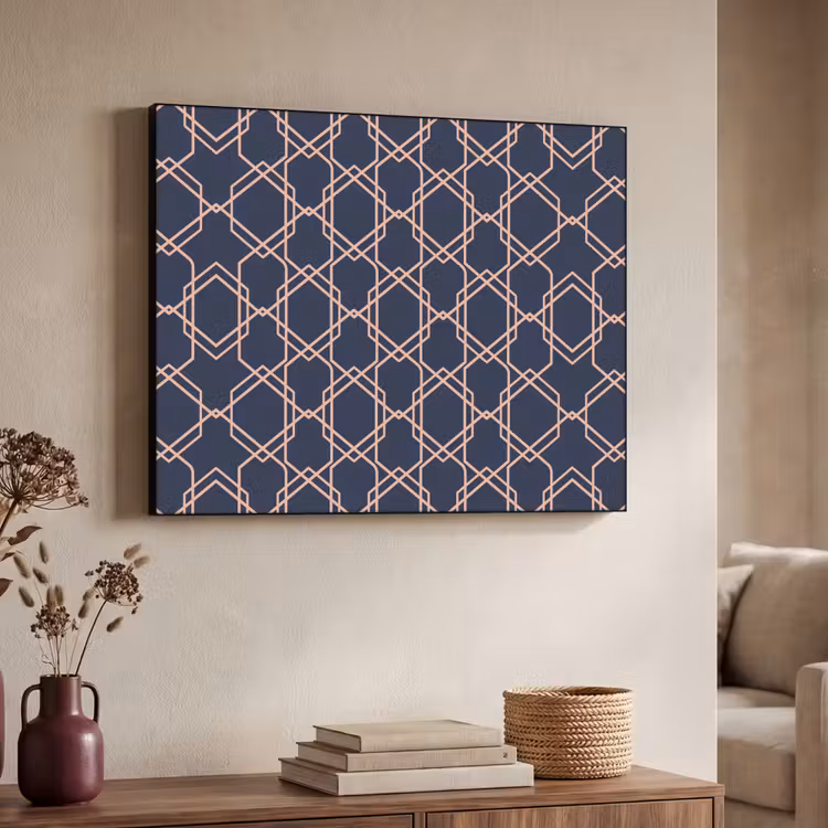 Modern - Patroon - Donkerblauw - Roze Textielframe zwart klein 947 -sfeer3