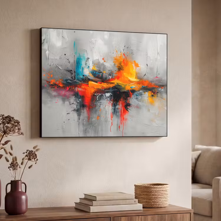 Modern - Oranje - Grijs - Kunst Textielframe - compleet frame klein -sfeer3