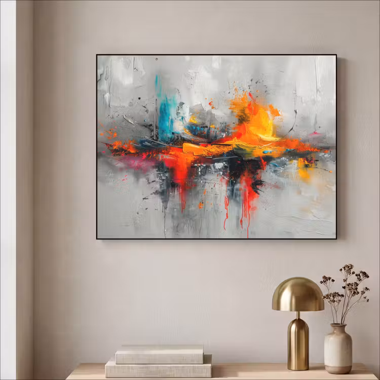 Modern - Oranje - Grijs - Kunst Textielframe - compleet frame klein -sfeer2