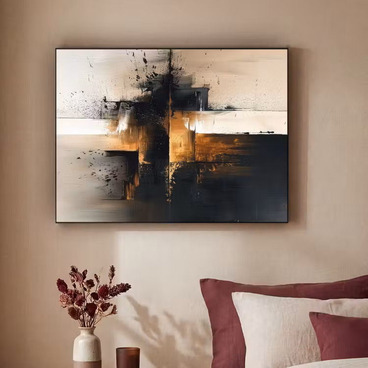 Modern - Zwart - Verf - Goud Textielframe - compleet frame klein -sfeer1