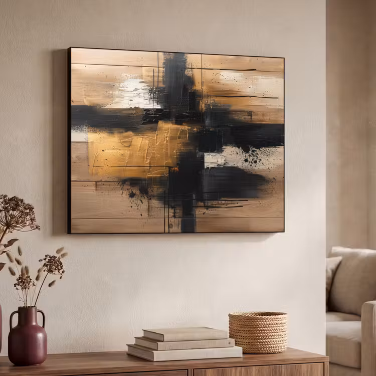 Modern - Zwart - Goud - Verf Textielframe - compleet frame klein -sfeer3