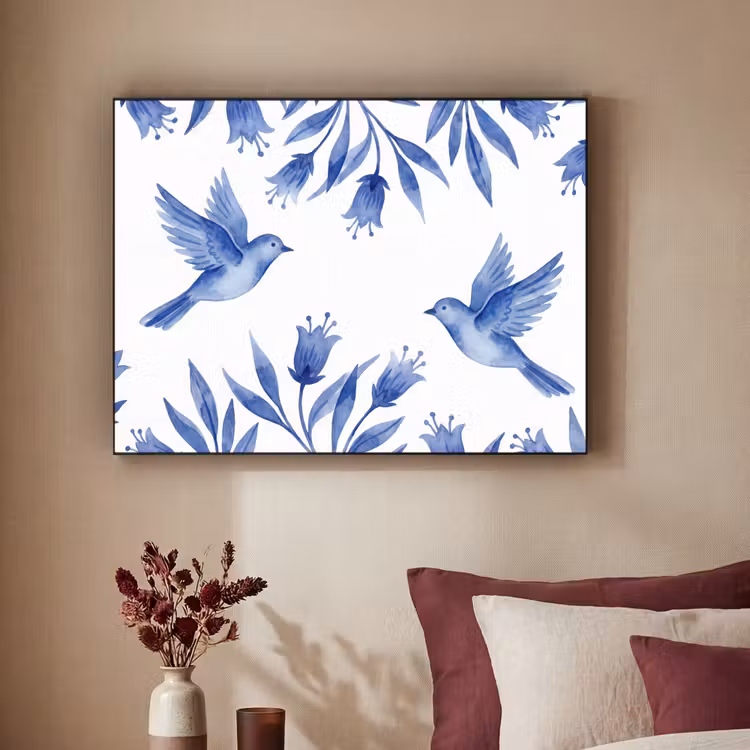 Art Frame - Modern - Vögel - Delfter Keramik - Modern - Vogels - Delfts - Blauw Textielframe zwart klein