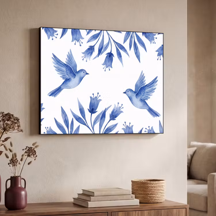 Art Frame - Modern - Vögel - Delfter Keramik - Modern - Vogels - Delfts - Blauw Textielframe zwart klein