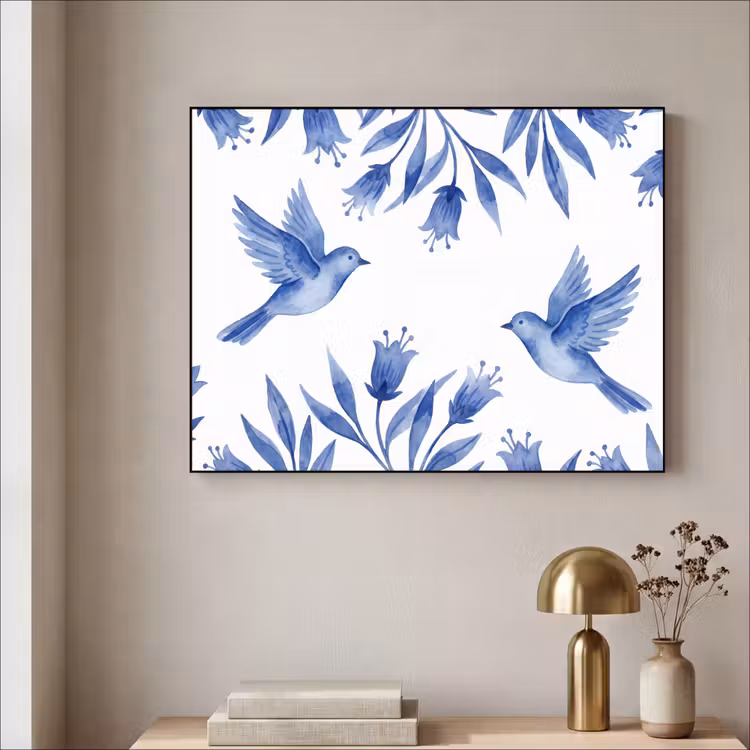 Art Frame - Modern - Vögel - Delfter Keramik - Modern - Vogels - Delfts - Blauw Textielframe zwart klein