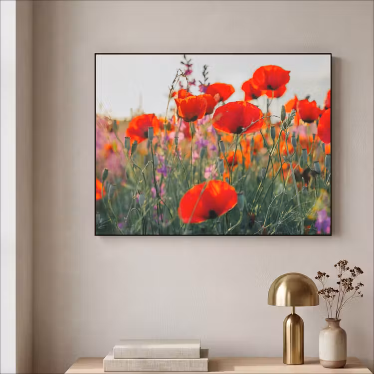 Klaproos - Bloemen - Rood - Paars - Weide Textielframe zwart klein -sfeer2