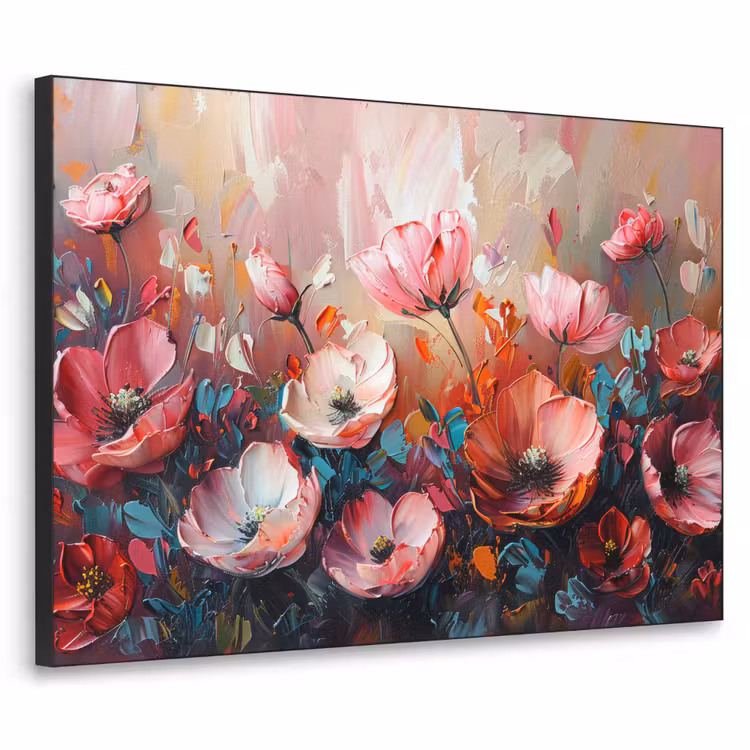 Klaprozen - Roze - Bloemen - Botanisch - Kunst Textielframe zwart klein -3d
