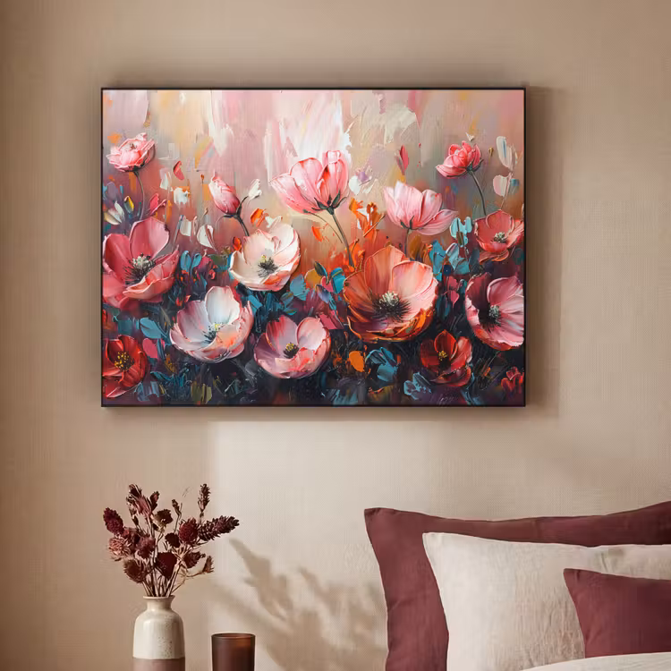 Klaprozen - Roze - Bloemen - Botanisch - Kunst Textielframe zwart klein -sfeer1