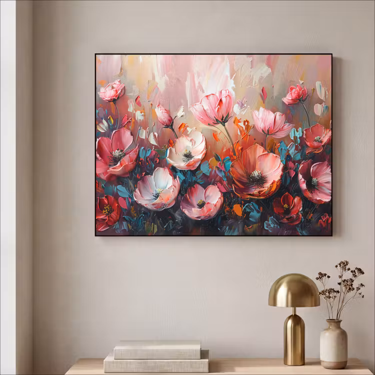Klaprozen - Roze - Bloemen - Botanisch - Kunst Textielframe zwart klein -sfeer2