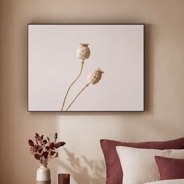 Papaverbollen - Droogbloemen - Minimalistisch - Beige - Rustig Textielframe zwart klein -sfeer1