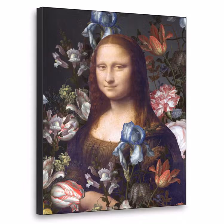 Mona Lisa - Leonardo da Vinci - Bloemen Textielframe zwart klein -3d