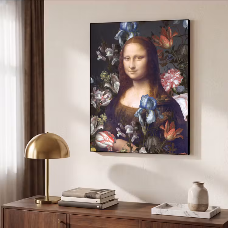 Mona Lisa - Leonardo da Vinci - Bloemen Textielframe zwart klein -sfeer3