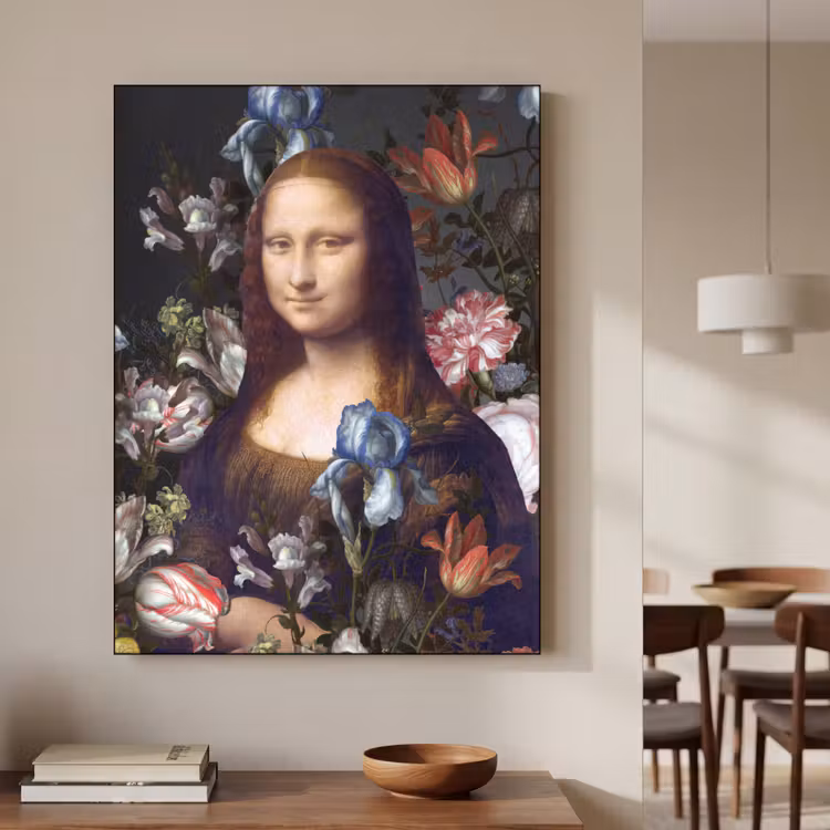 Mona Lisa - Leonardo da Vinci - Bloemen Textielframe zwart klein -sfeer2