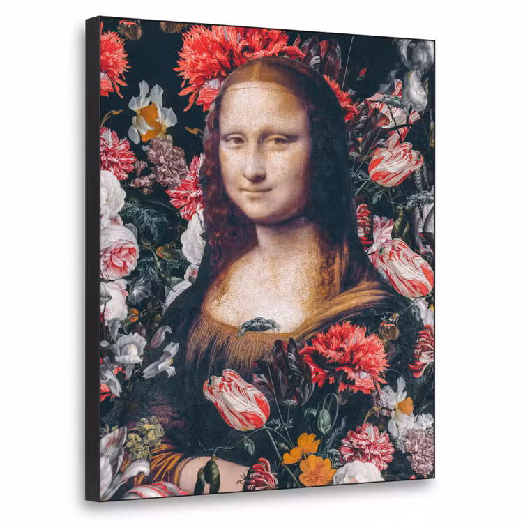 Mona Lisa - Leonardo da Vinci - Bloemen - Roze Textielframe zwart klein -3d