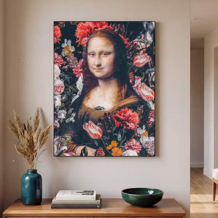 Mona Lisa - Leonardo da Vinci - Bloemen - Roze Textielframe zwart klein -sfeer1