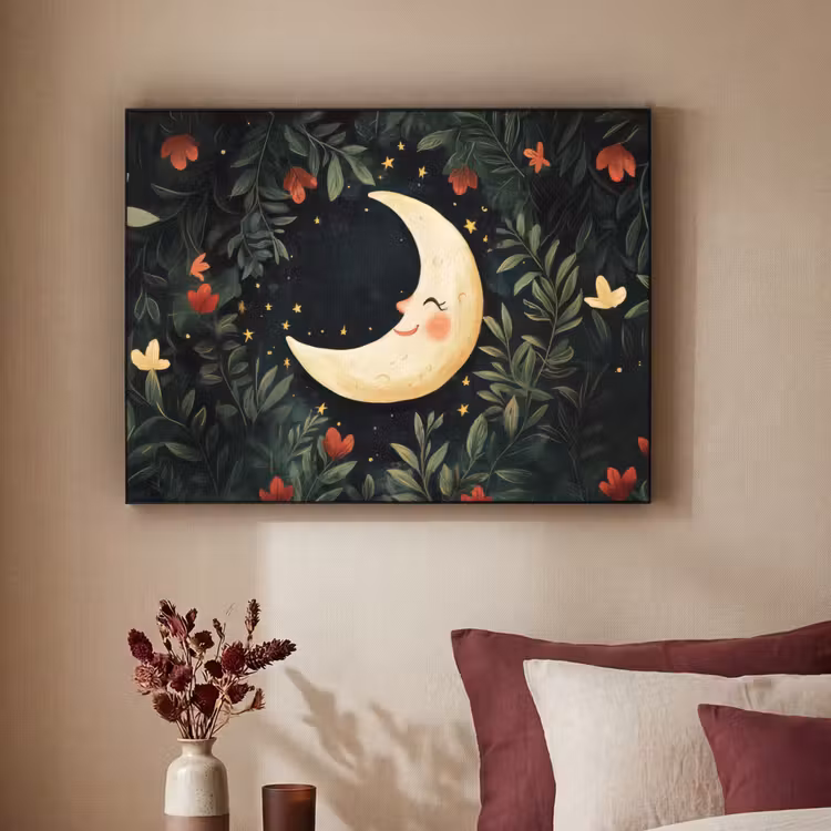 Maan - Bloemen - Nachthemel Textielframe zwart klein -sfeer1