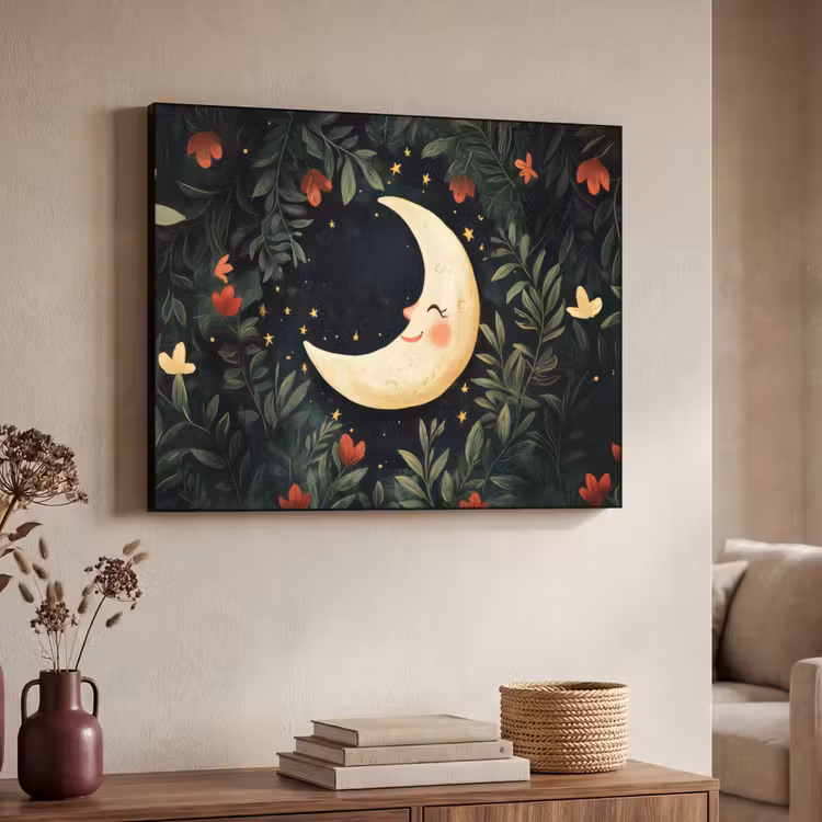 Maan - Bloemen - Nachthemel Textielframe zwart klein -sfeer3