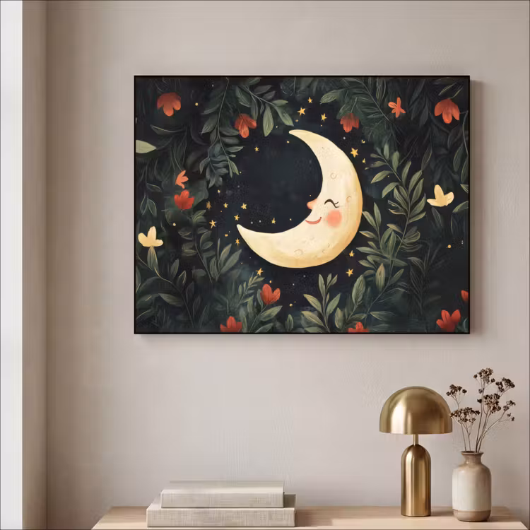 Maan - Bloemen - Nachthemel Textielframe zwart klein -sfeer2